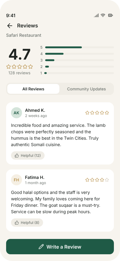 Reviews screen with community feedback